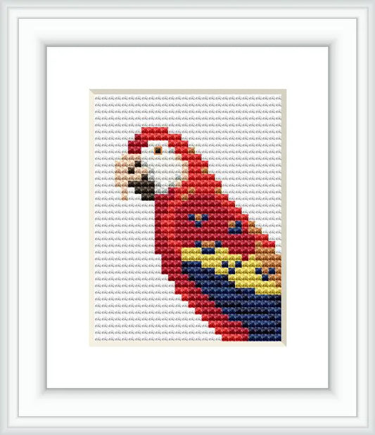 The image shows a framed cross stitch pattern depicting a colorful Ara Canga, or Macaw, positioned on a geometric grey background.