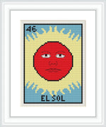 The image depicts a cross stitch pattern featuring a stylized sun with a face, predominantly in yellow and red hues, bordered by a light blue frame on a pale yellow background. Below, the words 'EL SOL' are stitched in blue.