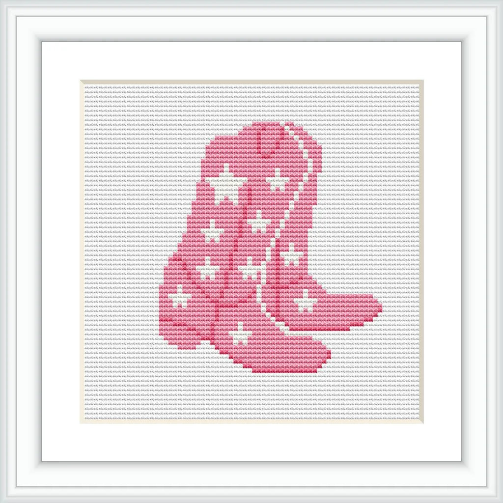 The image depicts a cross-stitch pattern of a pair of pink boots adorned with white stars, centrally placed on a white background.