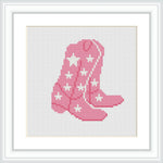 The image depicts a cross-stitch pattern of a pair of pink boots adorned with white stars, centrally placed on a white background.