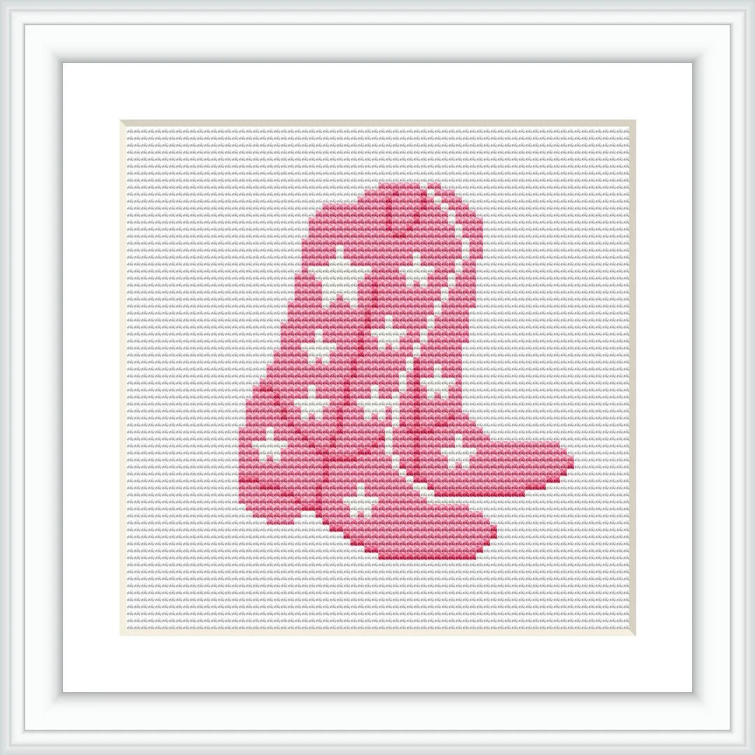 The image depicts a cross-stitch pattern of a pair of pink boots adorned with white stars, centrally placed on a white background.