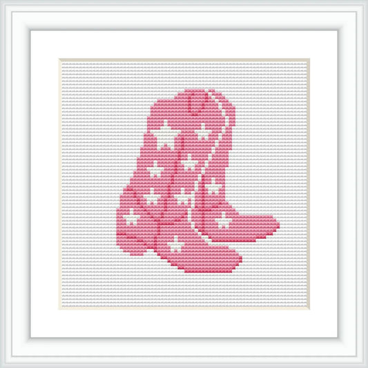 The image depicts a cross-stitch pattern of a pair of pink boots adorned with white stars, centrally placed on a white background.