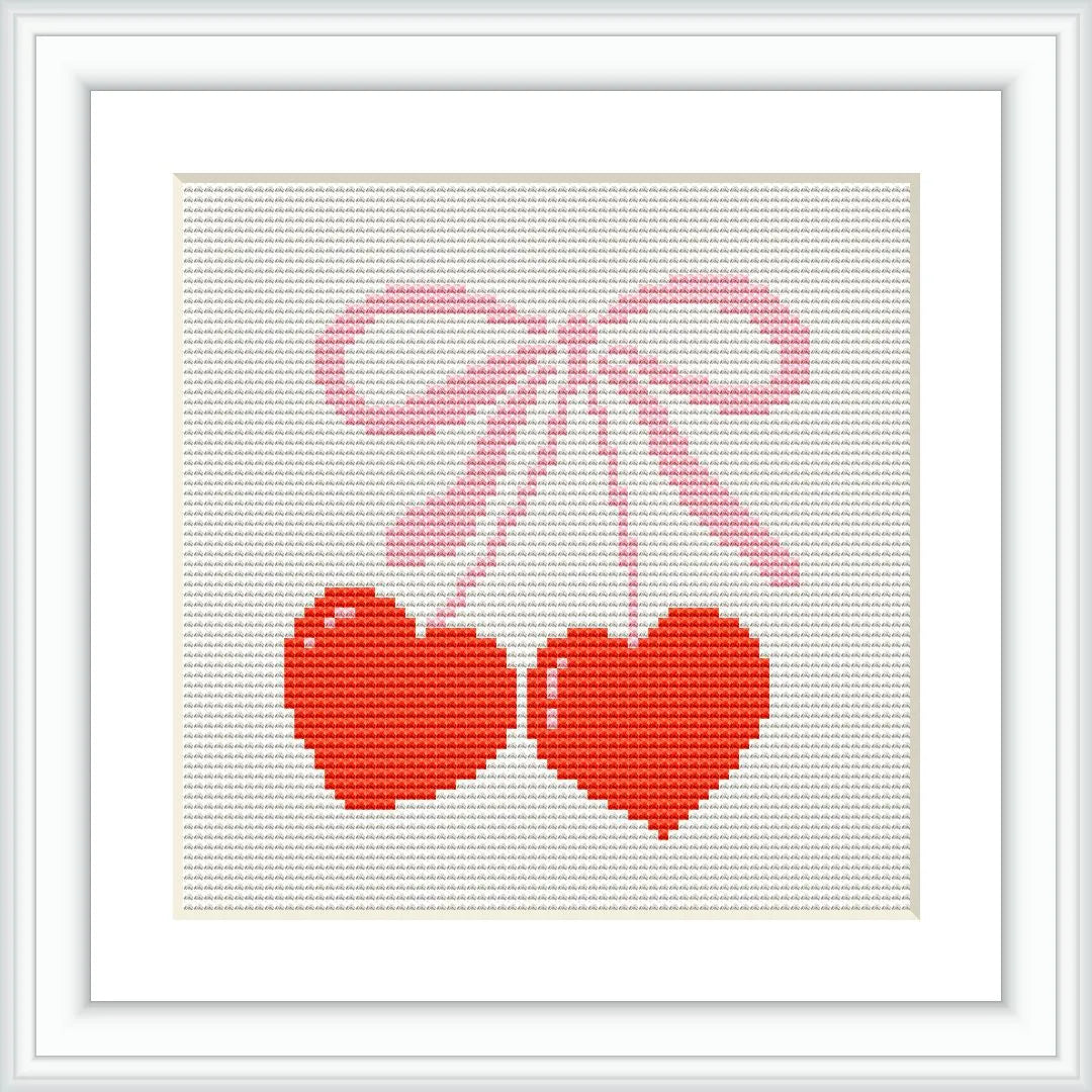 The image features two red hearts tied together with a pink bow. The hearts are hanging down from the ribbon, centered on a white background.