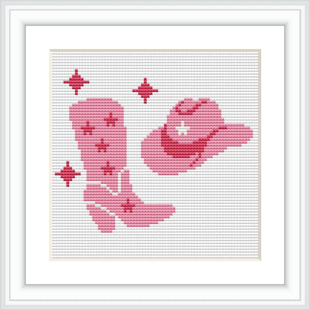 The image displays a pink cowgirl hat and a pair of pink cowgirl boots, embellished with stars. These elements are centrally located within the squared pattern.