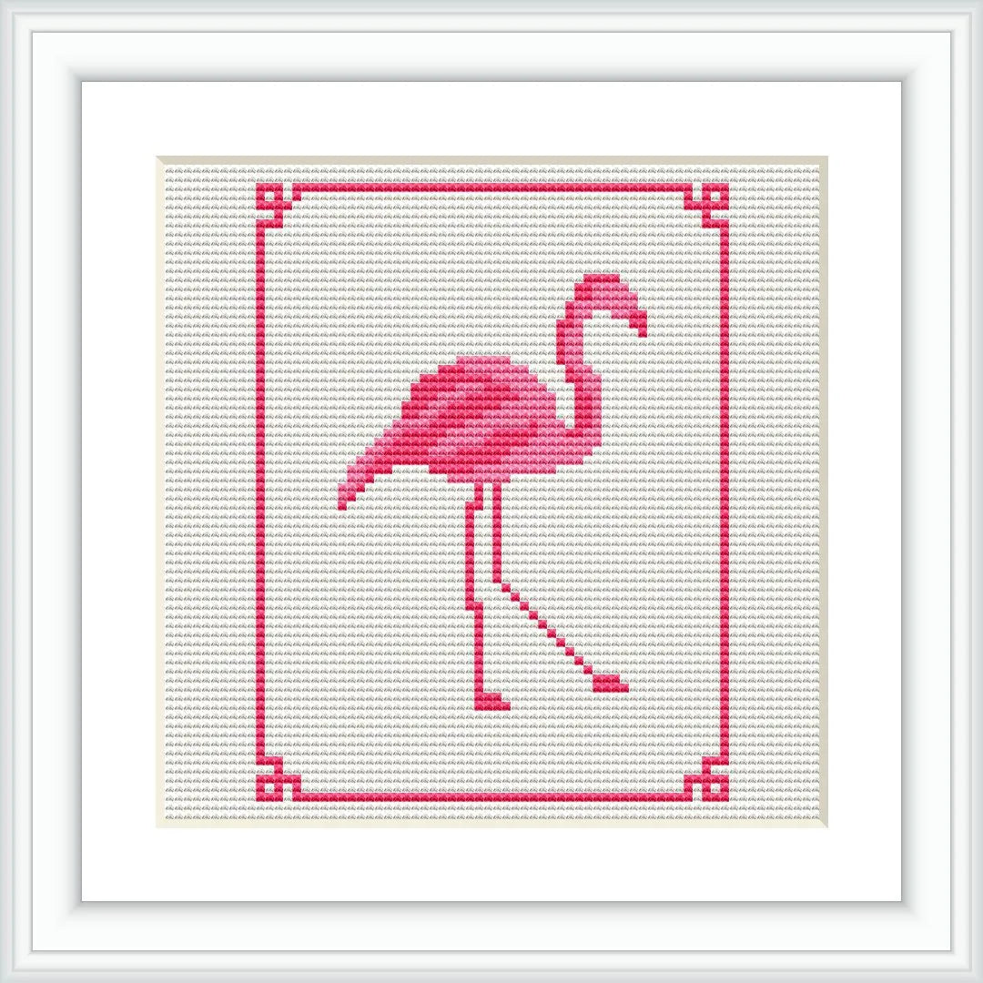 The image features a cross-stitch pattern of a flamingo standing on one leg, elegantly detailed in shades of pink. It is framed with simple, minimalist corner designs in red.