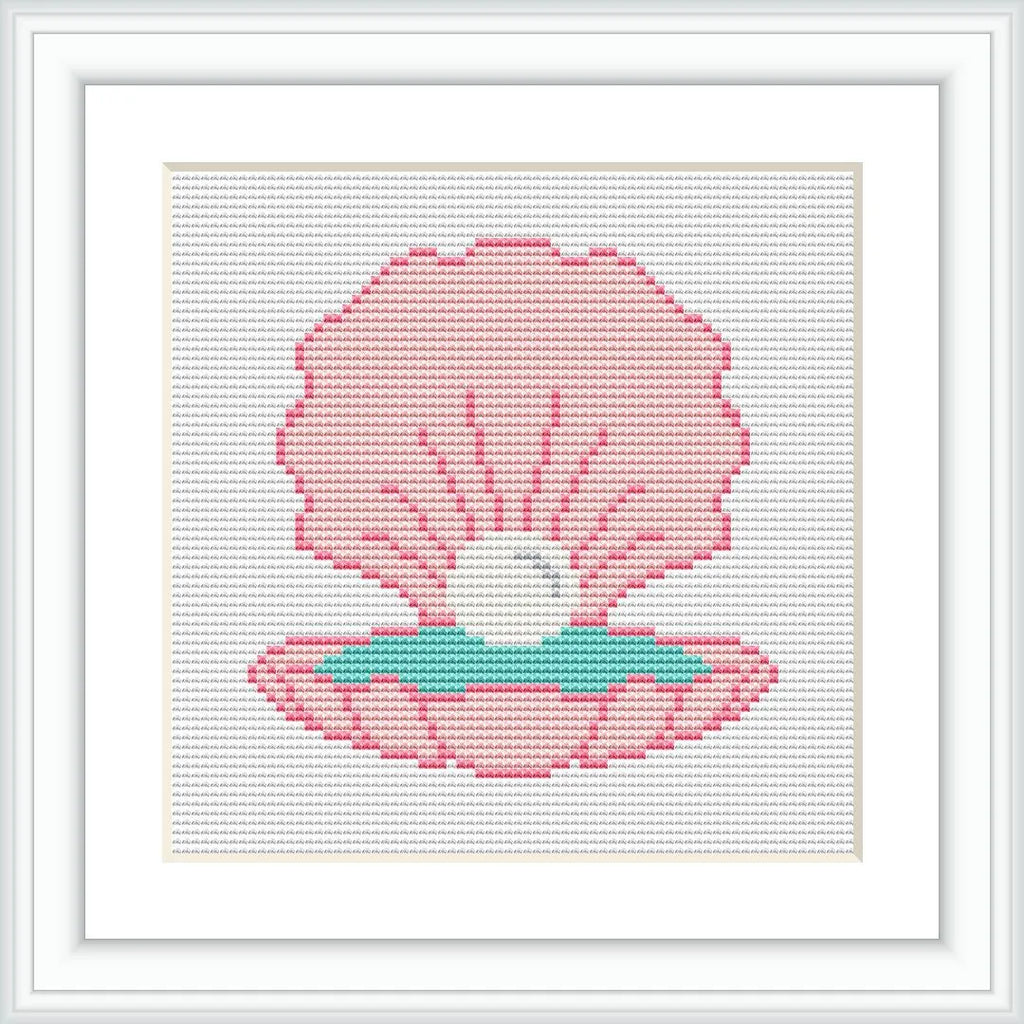 The image depicts an open pink oyster shell with a white pearl inside. The shell has two halves, with the bottom half in aqua color and the upper half in light pink. The background is blank.