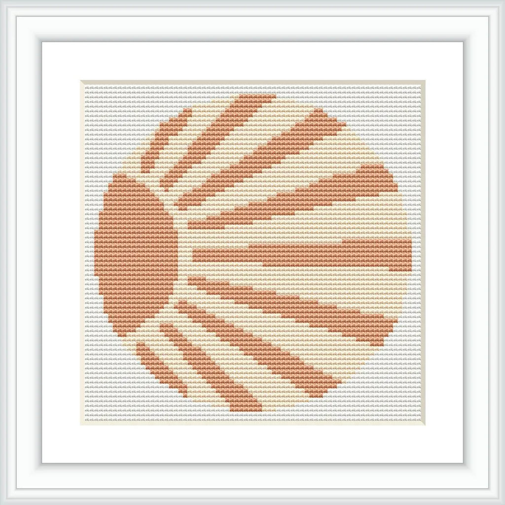 A cross stitch depiction of a sun with radiating beams, symmetrically spread, created with a warm orange and beige color palette. It stands out against a neutral background.