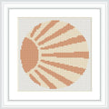A cross stitch depiction of a sun with radiating beams, symmetrically spread, created with a warm orange and beige color palette. It stands out against a neutral background.