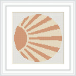 A cross stitch depiction of a sun with radiating beams, symmetrically spread, created with a warm orange and beige color palette. It stands out against a neutral background.