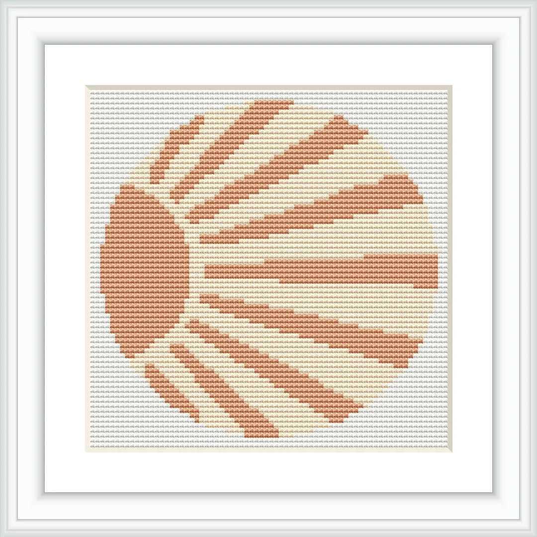 A cross stitch depiction of a sun with radiating beams, symmetrically spread, created with a warm orange and beige color palette. It stands out against a neutral background.