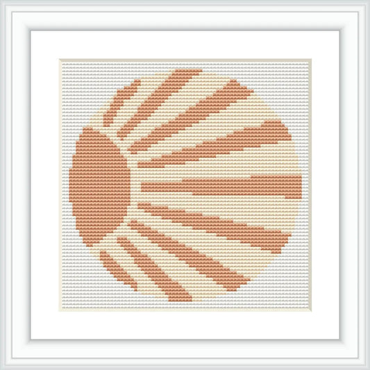 A cross stitch depiction of a sun with radiating beams, symmetrically spread, created with a warm orange and beige color palette. It stands out against a neutral background.