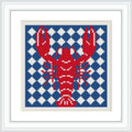 The image features a cross stitch design of a red lobster prominently displayed against a background of alternating navy blue and white geometric patterns. The design is framed with a simple white border.