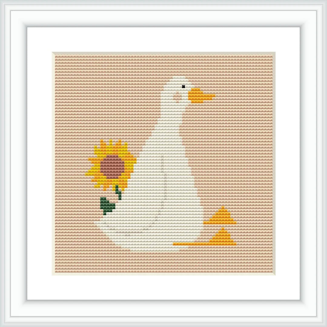 A white duck is positioned centrally, facing left. Behind the duck is a large, vibrant sunflower with green leaves. The background is a uniform peach color. The entire pattern is contained within a white frame.