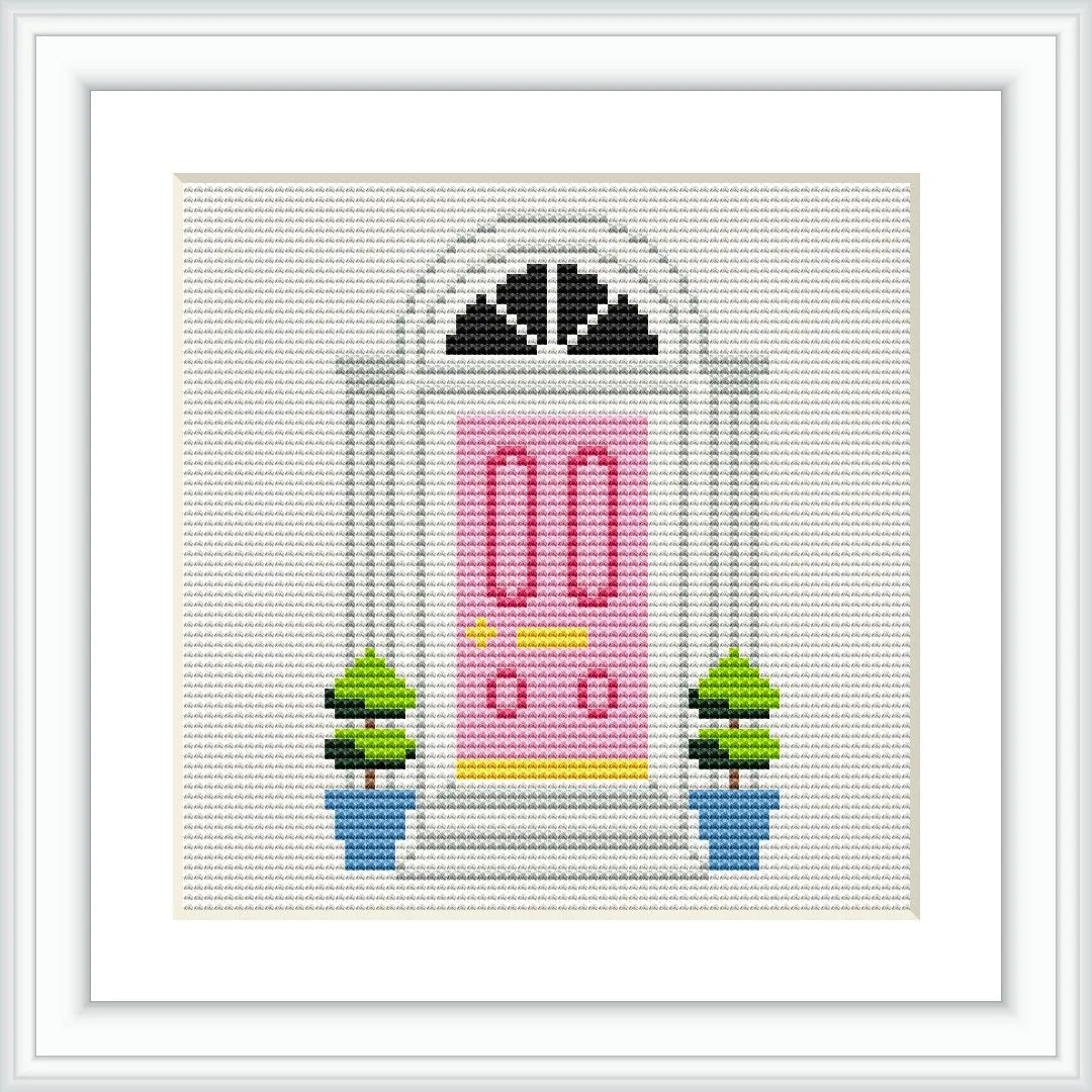 The image depicts a bright pink front door with a yellow mail slot and door knob, framed by a white archway. Two potted green plants in blue pots are positioned symmetrically on either side of the door.