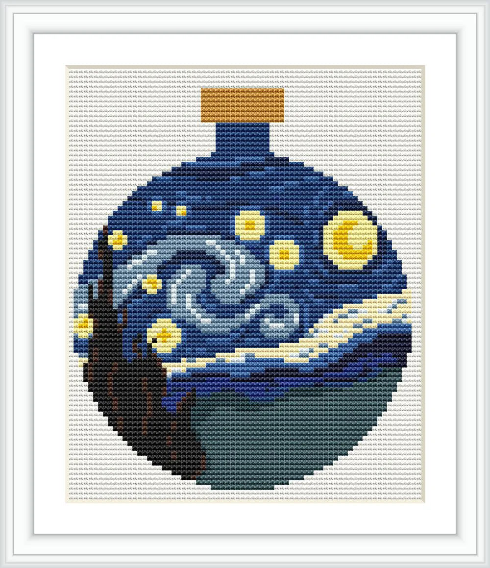 The image depicts a round bottle containing the famous swirling night sky from Van Gogh's 'Starry Night', with stars and a crescent moon glowing against a dark blue sky. The bottom part of the bottle shows dark cypress trees and rolling hills.