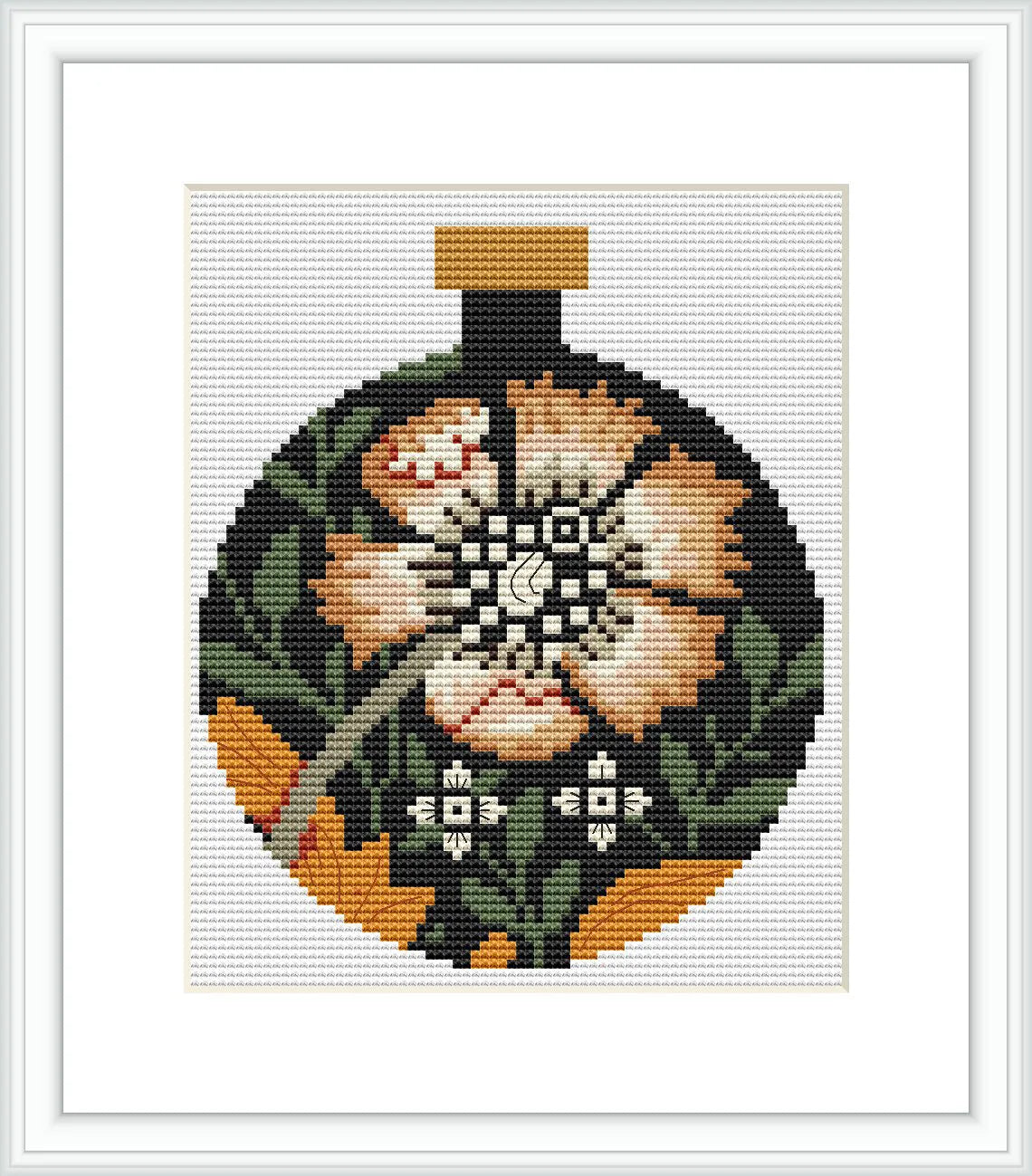 The image displays a circular cross-stitch design framed by a light-colored border. The central focus is a large flower with intricate details including leaves and patterns, placed centrally within the circular design.