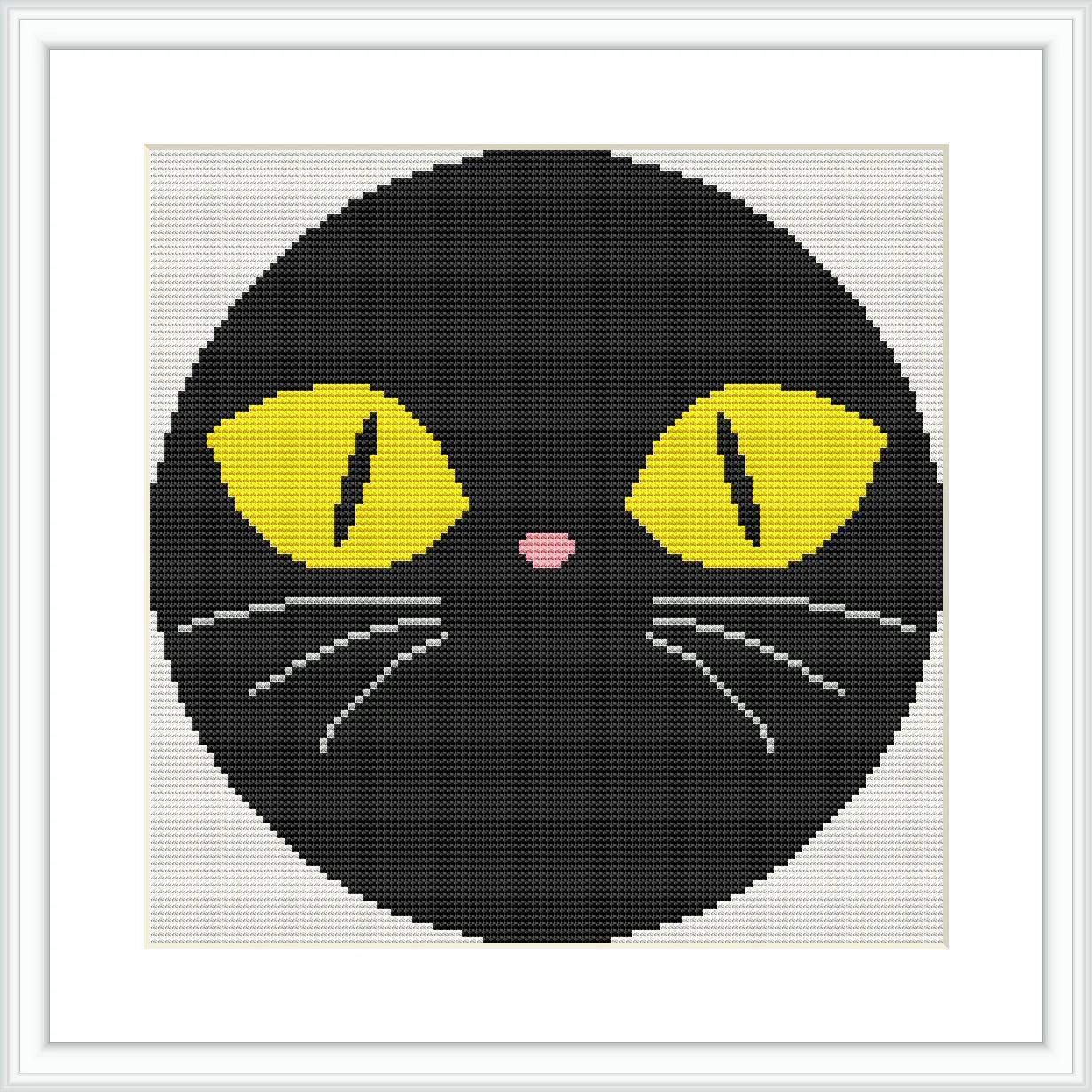 The image features the face of a black cat within a circular border. The cat has large, yellow eyes with black pupils, a small pink nose, and white whiskers.