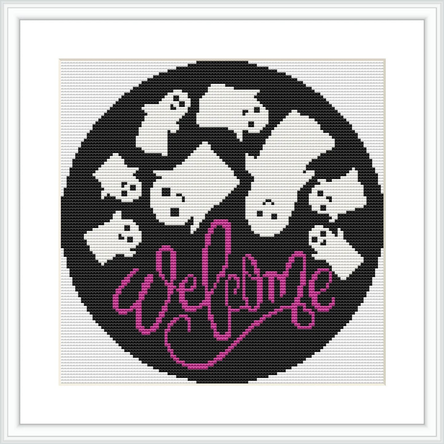 The image features a circular pattern with several white ghost figures surrounding a flowing script that spells out 'Welcome' in purple. The background is black, providing a stark contrast to the white ghosts and the purple text.