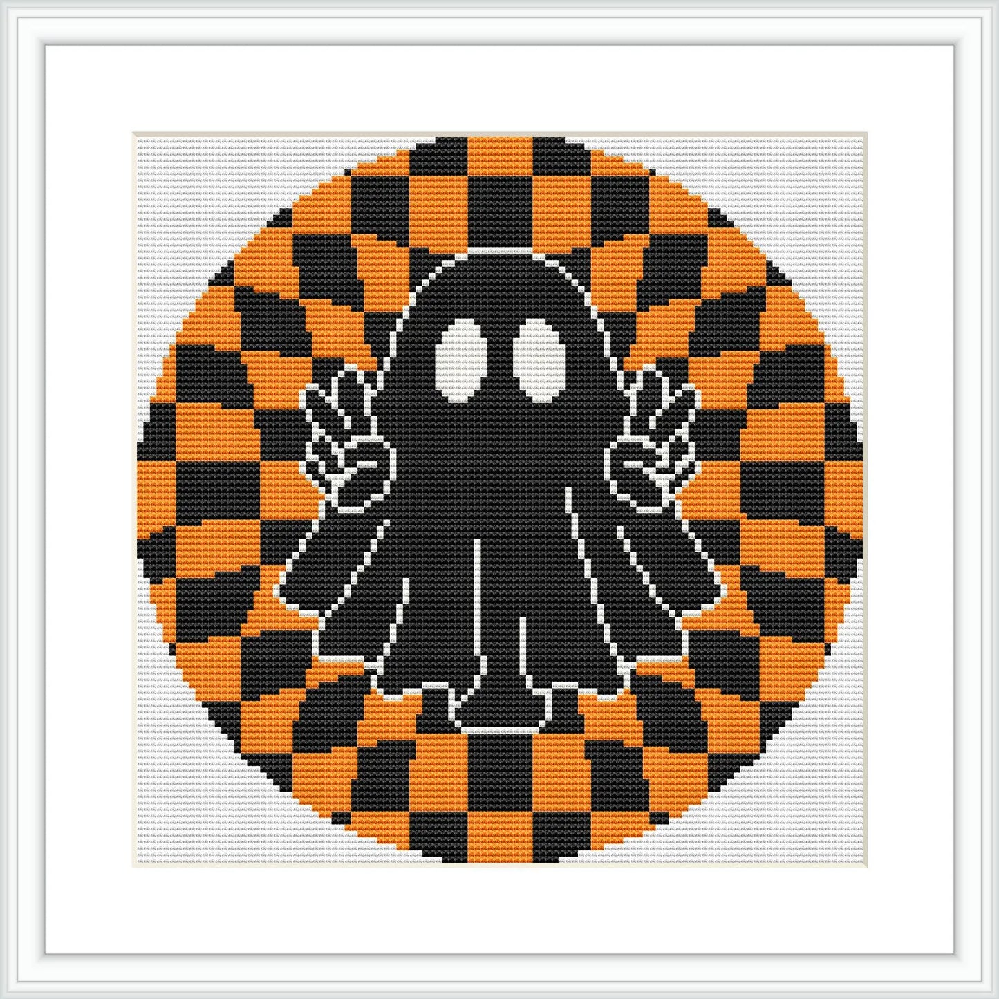 The image depicts a black cartoon ghost with big white eyes, holding up two peace signs with its hands. It is centered within a circular orange and black checkerboard pattern, giving a hypnotic appearance.