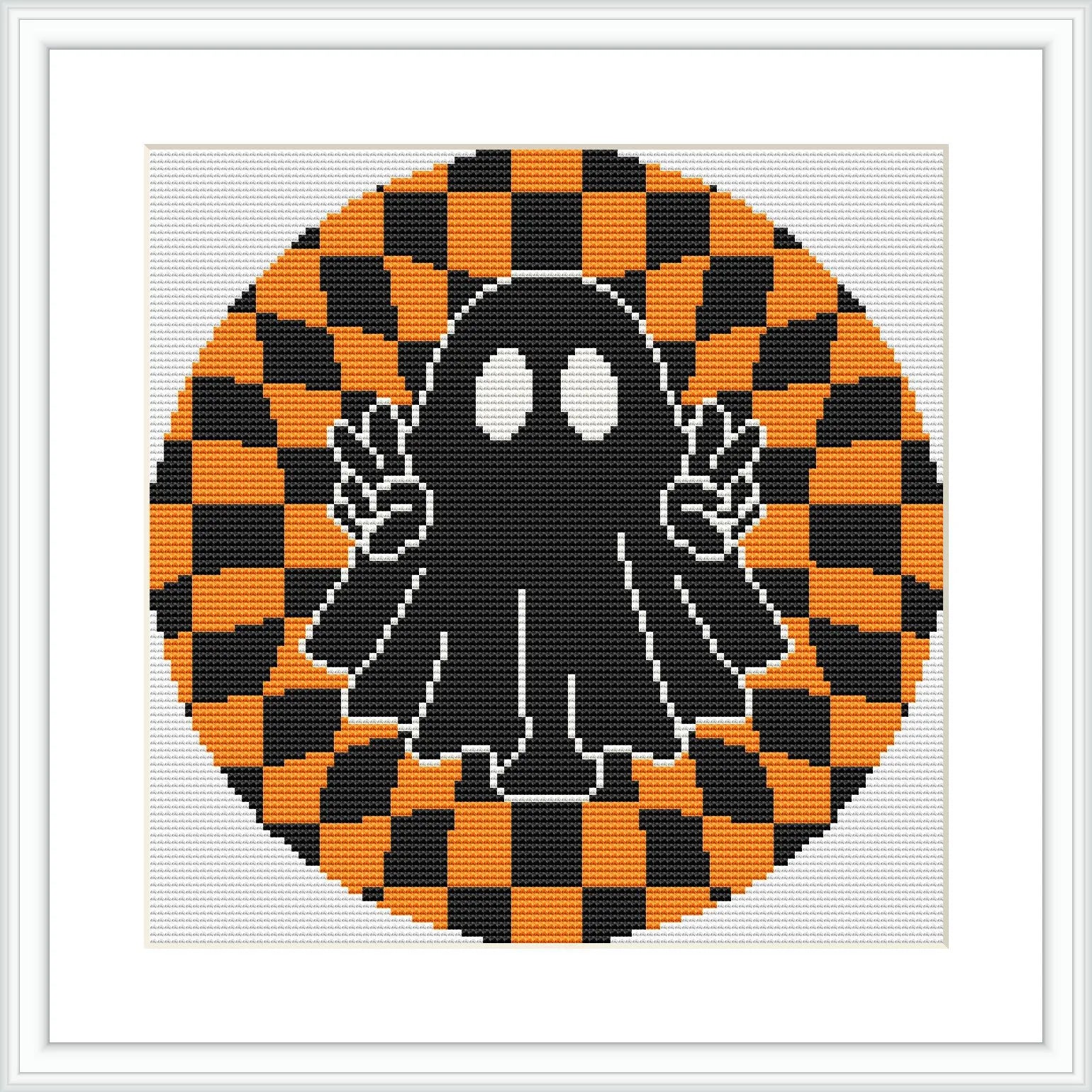 The image depicts a black cartoon ghost with big white eyes, holding up two peace signs with its hands. It is centered within a circular orange and black checkerboard pattern, giving a hypnotic appearance.