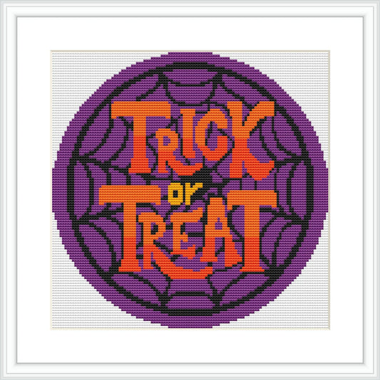 The design features bold, large orange letters spelling 'Trick or Treat' placed centrally on a dark purple spider web background. The phrase is written in an eye-catching font.