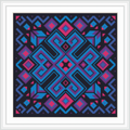 The image showcases an intricate geometric cross stitch pattern with dominant blue and pink hues on a black background. The symmetrical design is framed in a white border, adding a contrast that emphasizes the vibrancy of the colors.