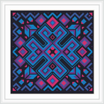 The image showcases an intricate geometric cross stitch pattern with dominant blue and pink hues on a black background. The symmetrical design is framed in a white border, adding a contrast that emphasizes the vibrancy of the colors.