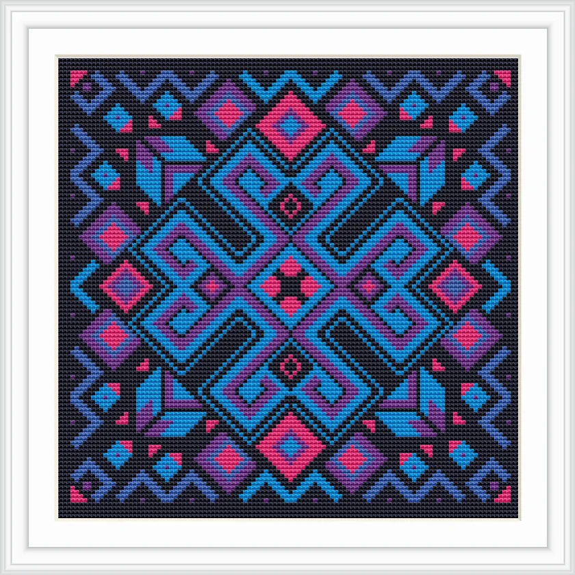 The image showcases an intricate geometric cross stitch pattern with dominant blue and pink hues on a black background. The symmetrical design is framed in a white border, adding a contrast that emphasizes the vibrancy of the colors.