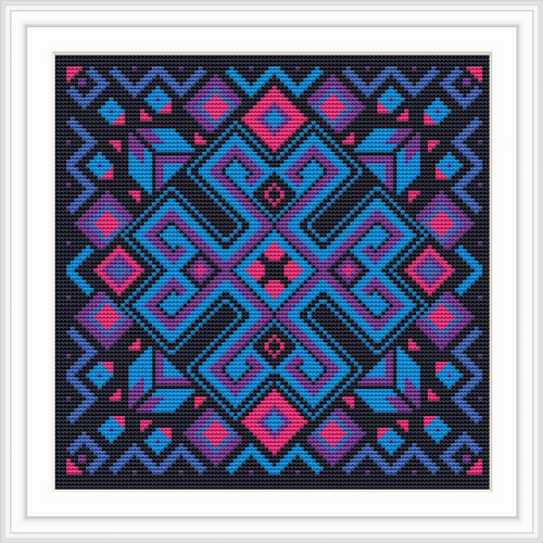 The image showcases an intricate geometric cross stitch pattern with dominant blue and pink hues on a black background. The symmetrical design is framed in a white border, adding a contrast that emphasizes the vibrancy of the colors.