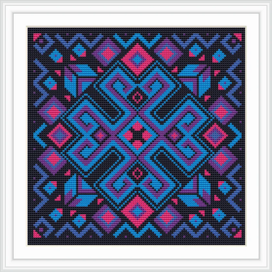 The image showcases an intricate geometric cross stitch pattern with dominant blue and pink hues on a black background. The symmetrical design is framed in a white border, adding a contrast that emphasizes the vibrancy of the colors.