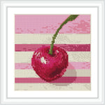 A single cherry with a green stem is depicted in the center, set against pink and cream horizontal stripes.