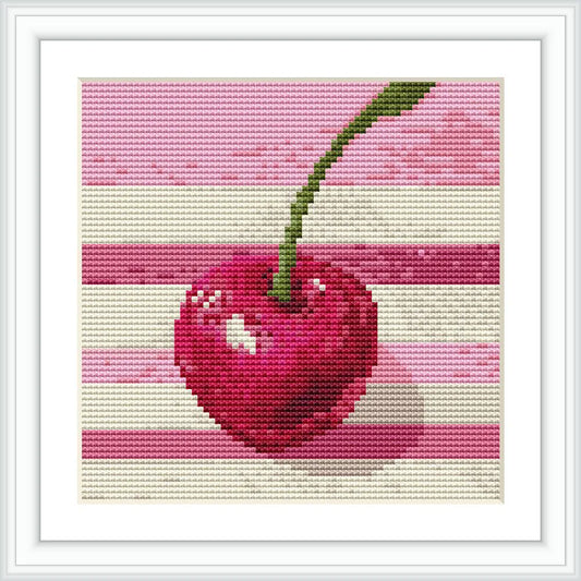 A single cherry with a green stem is depicted in the center, set against pink and cream horizontal stripes.