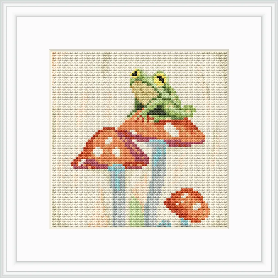 The image depicts a green frog sitting on top of three red and white mushrooms, with one mushroom to the side. It is centered in a neutral background.