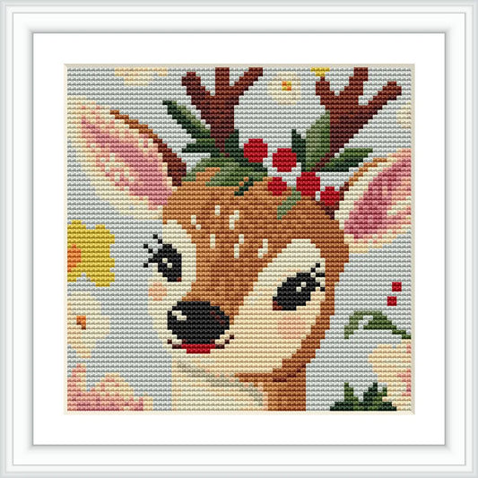 The image features a cartoon-style deer with antlers, decorated with red berries and green leaves. The background includes hints of flowers, with the deer placed centrally.