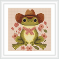 A cartoon frog wearing a cowboy hat sits smiling among pink flowers, centered on a beige background.