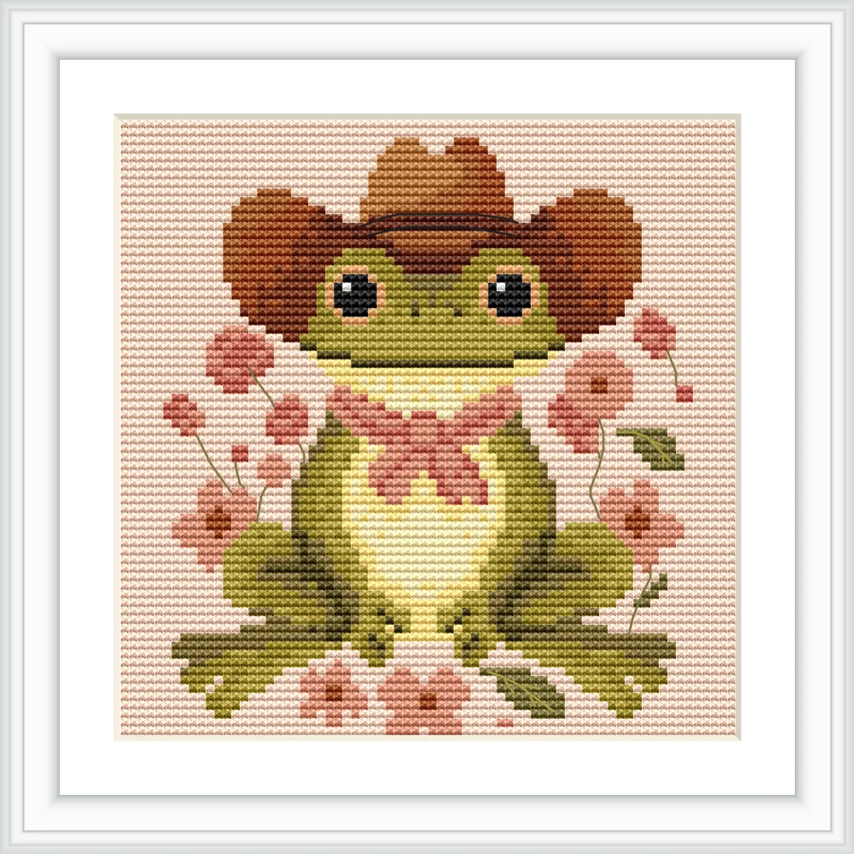 A cartoon frog wearing a cowboy hat sits smiling among pink flowers, centered on a beige background.