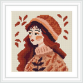 The image features a side profile of a girl with long brown hair, wearing a brown hat and a sweater with leaf patterns. Brown leaves are sprinkled around her, against a beige background.