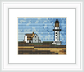 The image depicts a lighthouse standing next to a small house on the coastline, with a blue sky in the background.