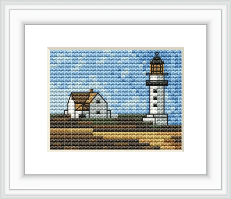 The image depicts a lighthouse standing next to a small house on the coastline, with a blue sky in the background.