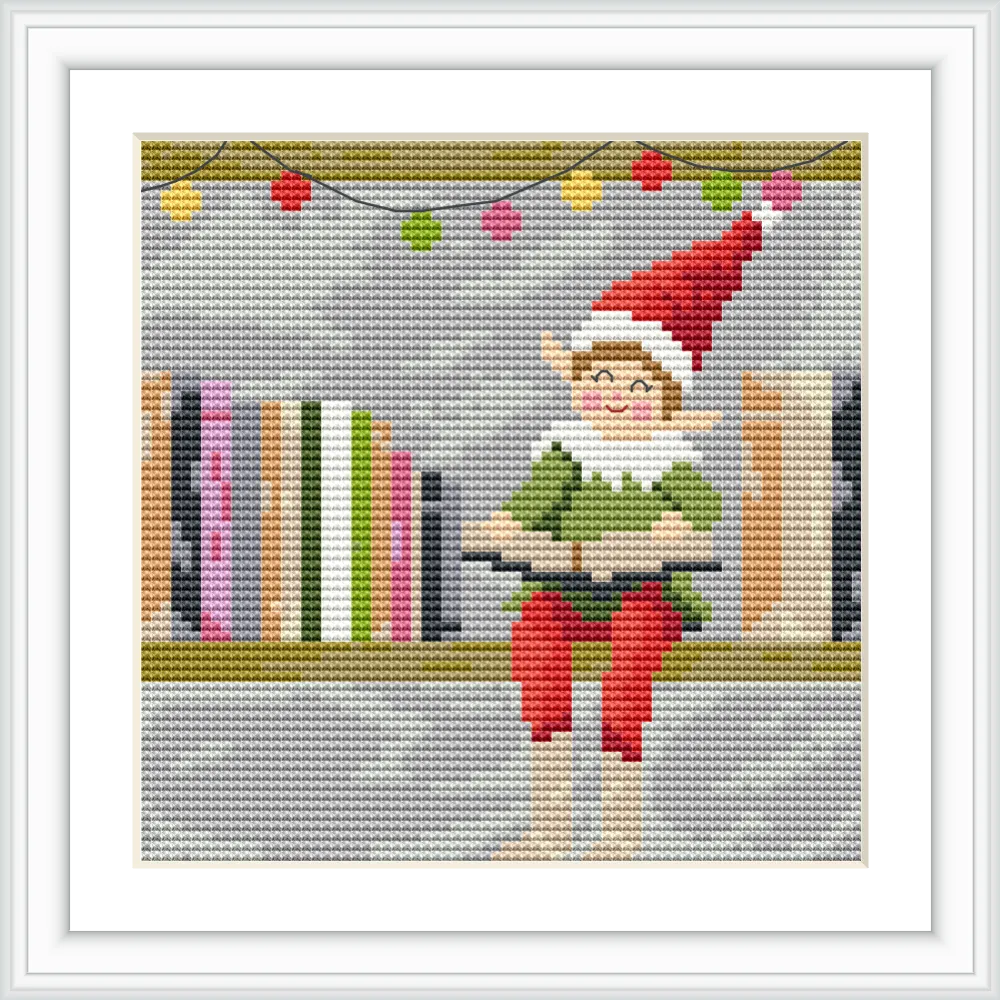 An elf wearing a red hat, red pants, and a green shirt is seated on a shelf with books. Above the elf hangs a string of colorful lights.