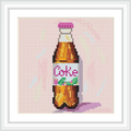 A single cola bottle with a pink cap and a colorful label, set against a light pink background.