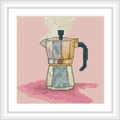 The image features a stovetop coffee maker placed centrally on a pink background, with steam rising from the spout.