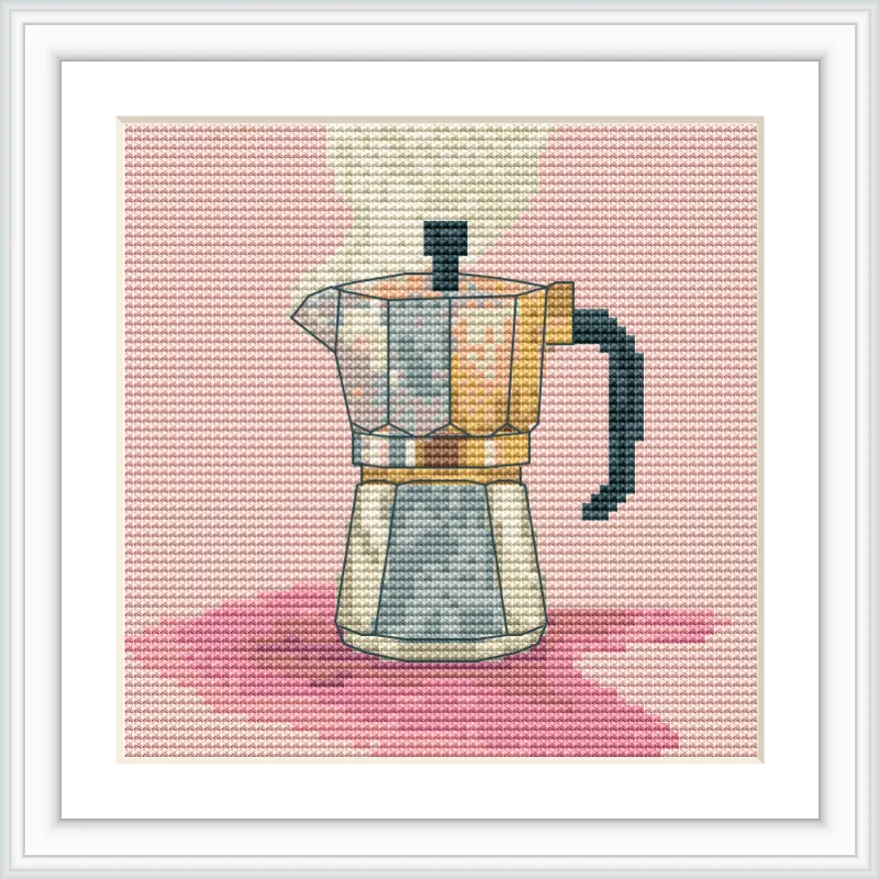 The image features a stovetop coffee maker placed centrally on a pink background, with steam rising from the spout.
