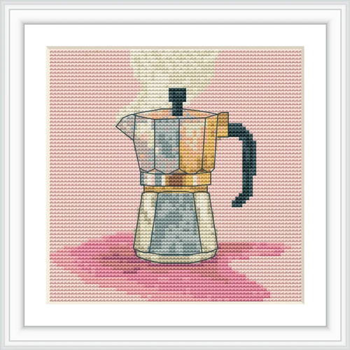 The image features a stovetop coffee maker placed centrally on a pink background, with steam rising from the spout.
