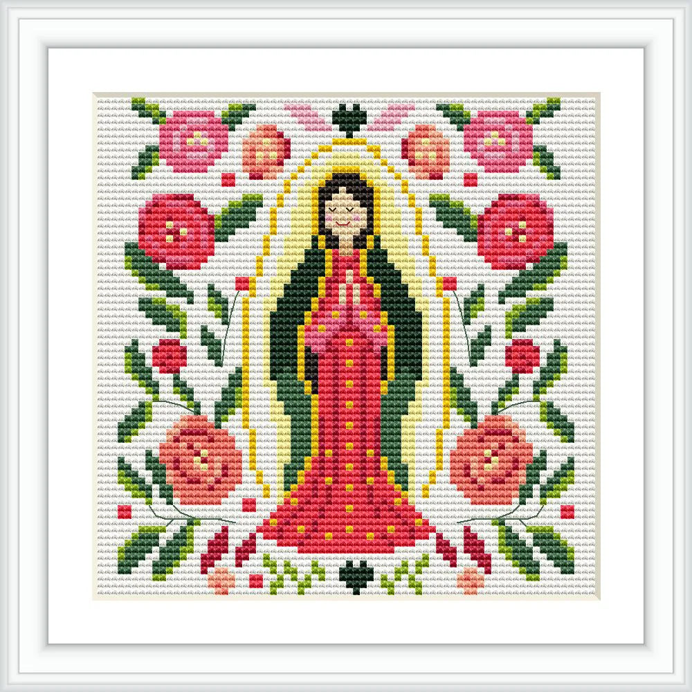 The image depicts the Virgin of Guadalupe in the center, adorned with a traditional aura. Surrounding her are symmetrical, vibrant flowers and leaves, creating a harmonious and balanced composition.