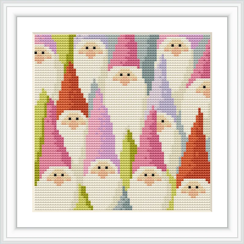 The image features a repetitive pattern of gnomes with pointy hats in various colors, such as pink, orange, and purple, set against a white background.