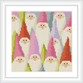 The image features a repetitive pattern of gnomes with pointy hats in various colors, such as pink, orange, and purple, set against a white background.