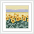 A field of sunflowers with large, vibrant yellow heads and green stems, set against a calming sky with soft bluish hues.