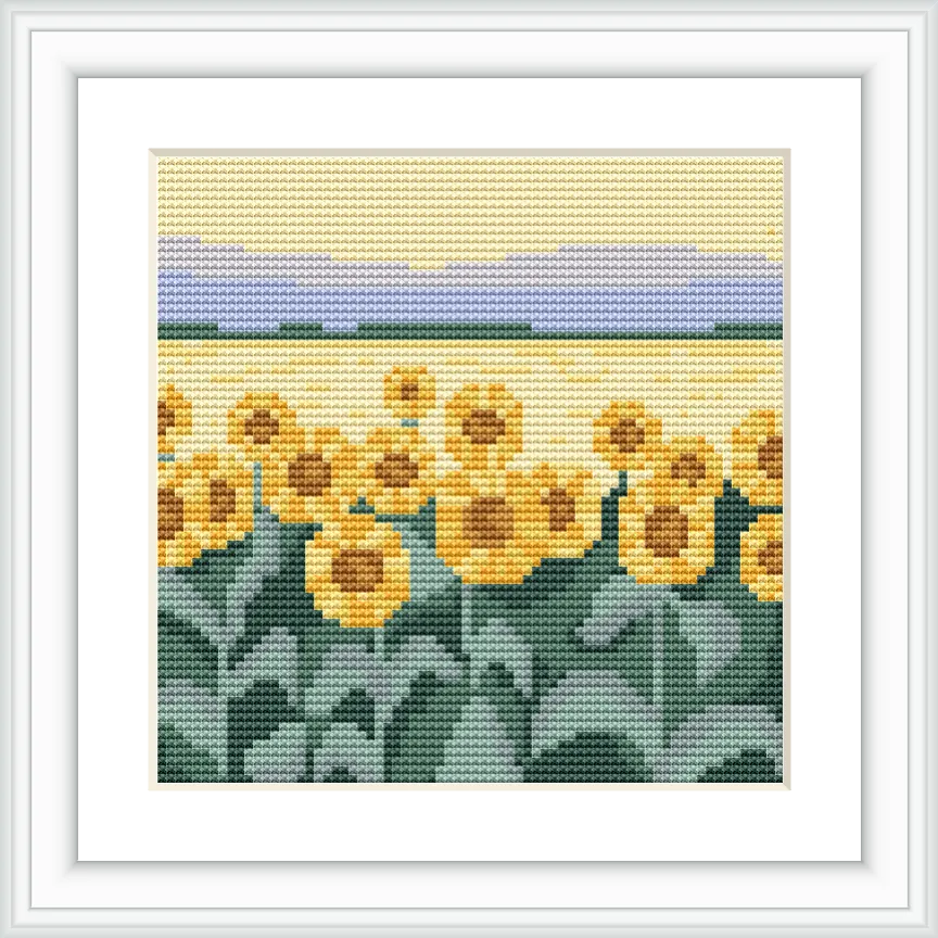 A field of sunflowers with large, vibrant yellow heads and green stems, set against a calming sky with soft bluish hues.