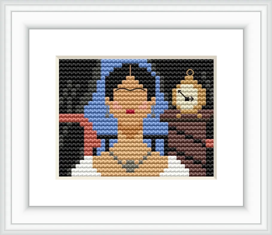 This design features a stylized portrait resembling Frida Kahlo, positioned centrally, with a clock showing time at the top right. The background has a mix of colors, suggesting a room setting with artistic elements.